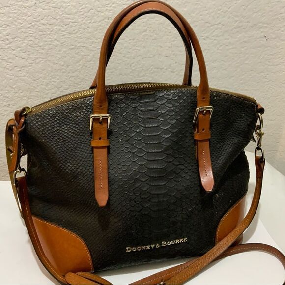 Dooney & Bourke Black Brown  Leather Python Exotic Satchel Buckle Handbag - Picture 1 of 13